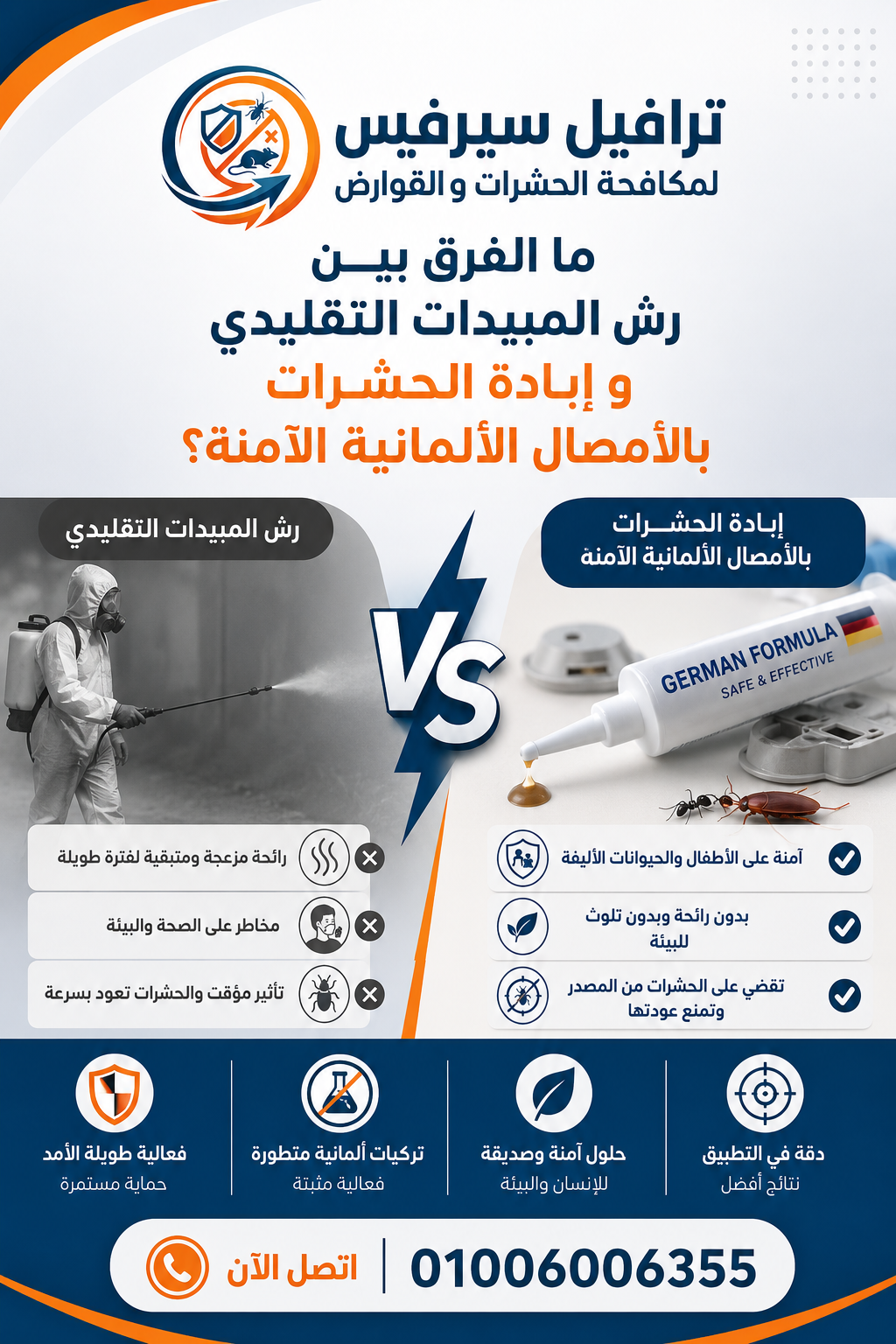 ما الفرق بين رش المبيدات التقليدي و إبادة الحشرات بالأمصال الألمانية الآمنة؟